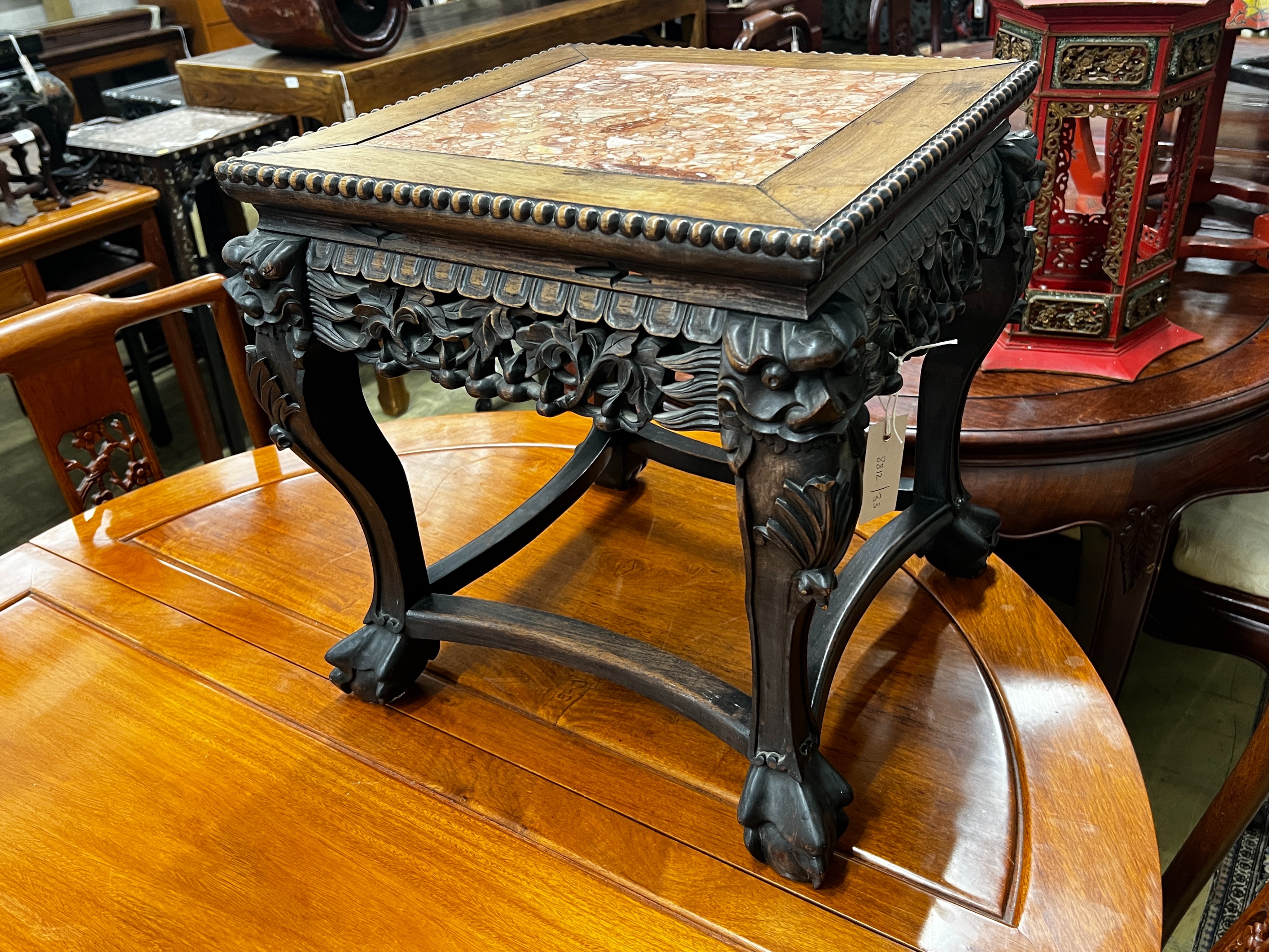 A Chinese marble top square carved hongmu vase stand, width 44cm, height 46cm